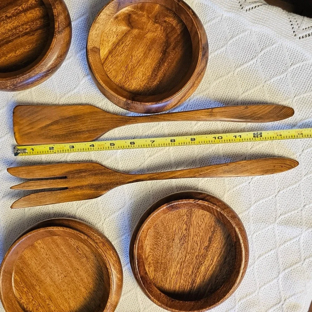 Vintage MCM Monkeypod Wood Salad Bowl Set 10 Piece Set Hawaiian Hand Carved
